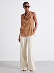 Reiss Tan Manon Atelier Satin Cowl-Neck Top - Image 1 of 5