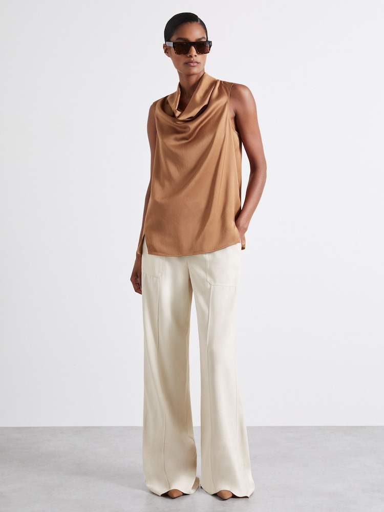 Reiss Tan Manon Atelier Satin Cowl-Neck Top - Image 1 of 5