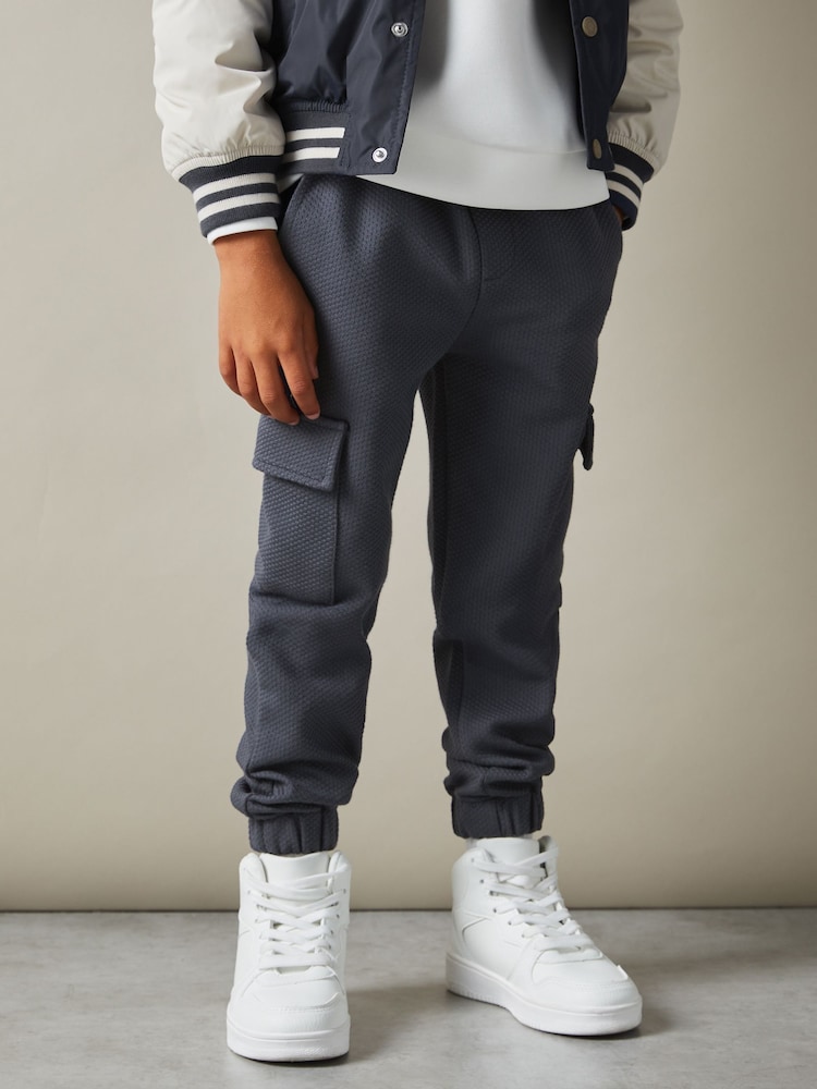 Reiss Steel Blue Arzin 9-13 yrs Textured Cotton Blend Drawstring Joggers - Image 1 of 4