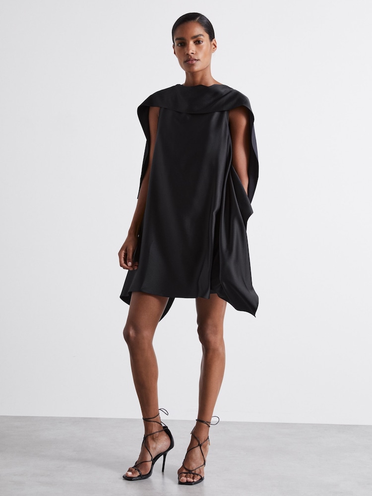 Reiss Black Laurence Atelier Asymmetric Satin Cape-Sleeve Mini Dress - Image 1 of 5 Reiss Black Laurence Atelier Asymmetric Satin Cape-Sleeve Mini Dress - Image 1 of 5