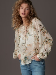 Ecru Natural Print Sheer Tie Neck Long Sleeve Blouse - Image 1 of 8