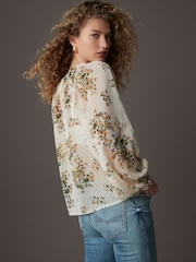 Ecru Natural Print Sheer Tie Neck Long Sleeve Blouse - Image 2 of 8