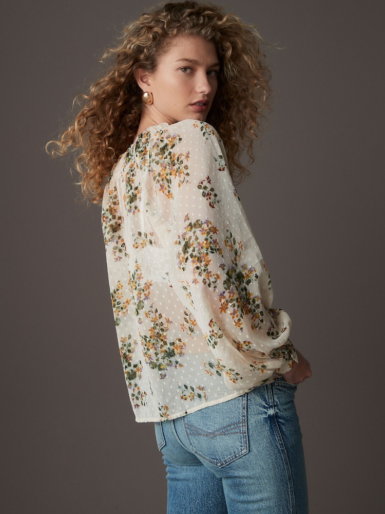Ecru Natural Print Sheer Tie Neck Long Sleeve Blouse - Image 2 of 8