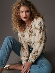 Ecru Natural Print Sheer Tie Neck Long Sleeve Blouse - Image 3 of 8