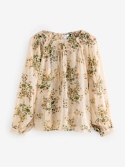 Ecru Natural Print Sheer Tie Neck Long Sleeve Blouse - Image 5 of 8