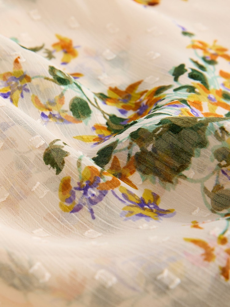 Ecru Natural Print Sheer Tie Neck Long Sleeve Blouse - Image 8 of 8