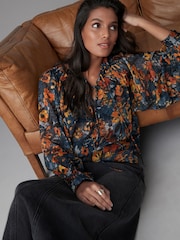 Navy Blue Print Sheer Tie Neck Long Sleeve Blouse - Image 1 of 8