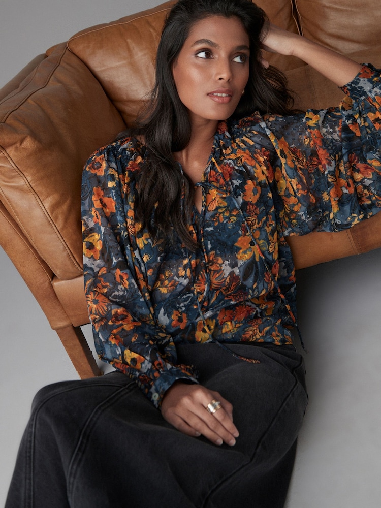 Navy Blue Print Sheer Tie Neck Long Sleeve Blouse - Image 1 of 8