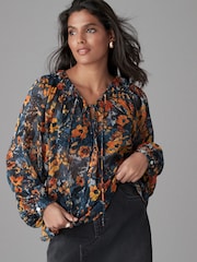 Navy Blue Print Sheer Tie Neck Long Sleeve Blouse - Image 2 of 8