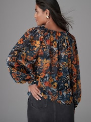 Navy Blue Print Sheer Tie Neck Long Sleeve Blouse - Image 3 of 8