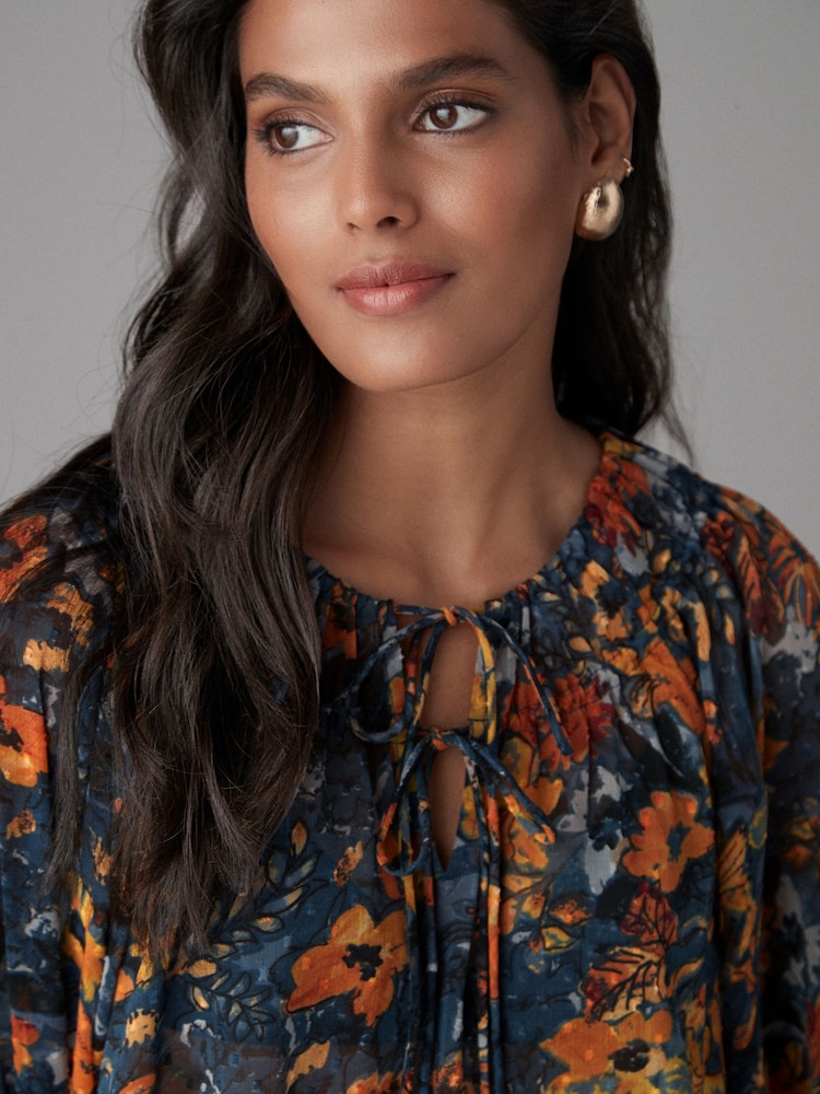 Navy Blue Print Sheer Tie Neck Long Sleeve Blouse - Image 4 of 8