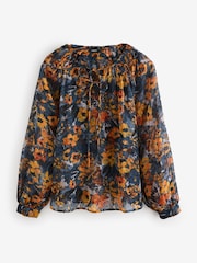 Navy Blue Print Sheer Tie Neck Long Sleeve Blouse - Image 5 of 8