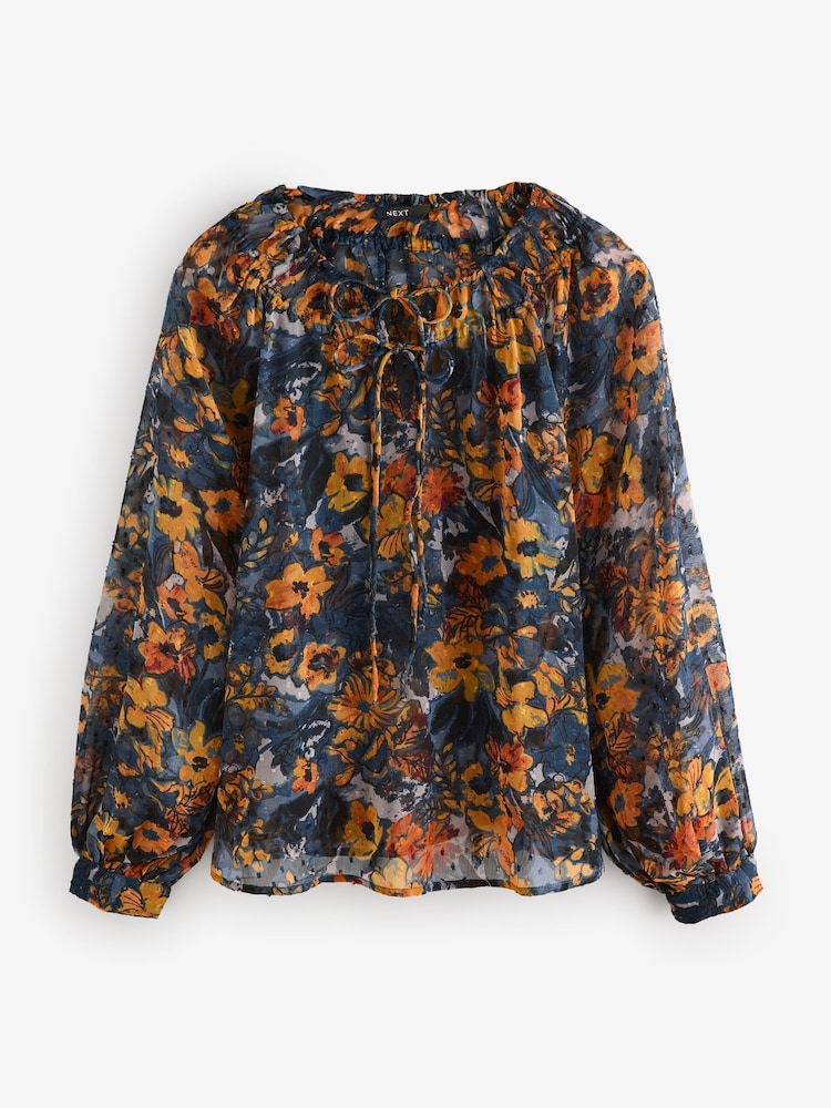 Navy Blue Print Sheer Tie Neck Long Sleeve Blouse - Image 5 of 8