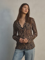 Zebra Print Pleated Long Sleeve Fitted Shirt - Image 2 of 8