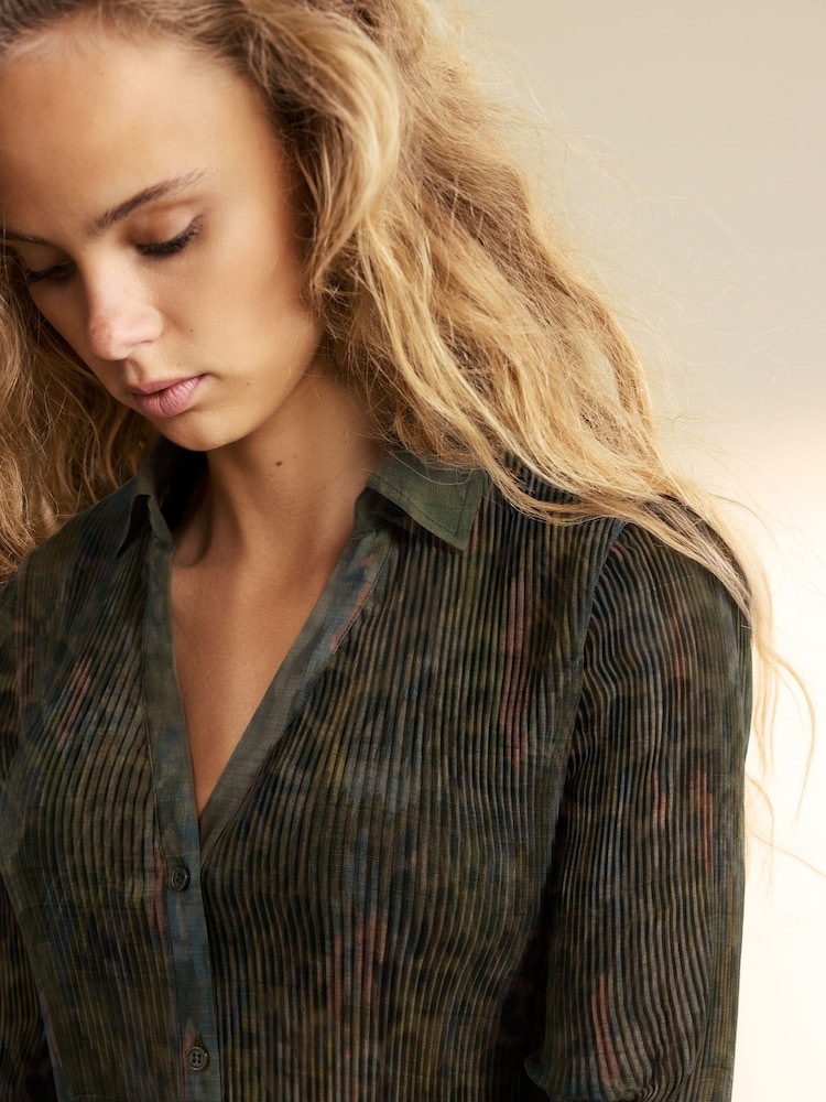 Khaki Camo Pleated Long Sleeve Fitted Shirt - Image 4 of 7