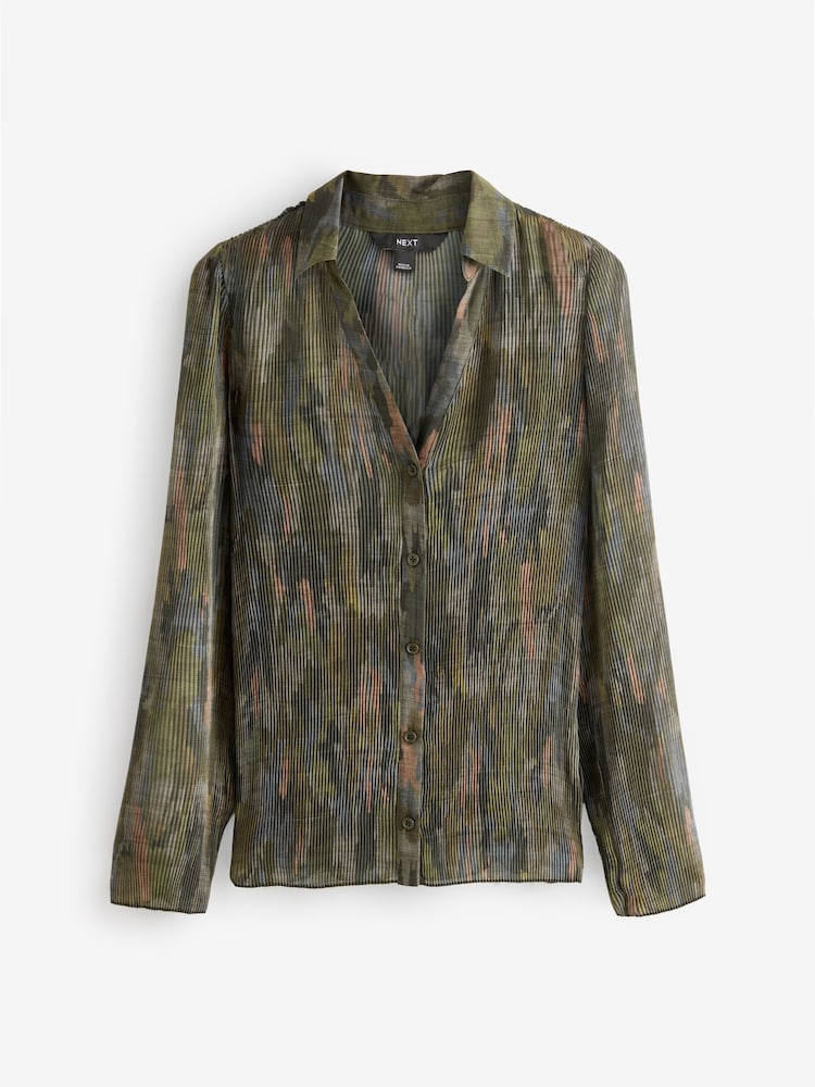 Khaki Camo Pleated Long Sleeve Fitted Shirt - Image 5 of 7