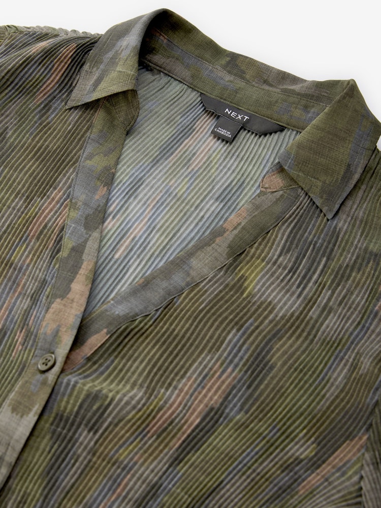 Khaki Camo Pleated Long Sleeve Fitted Shirt - Image 6 of 7