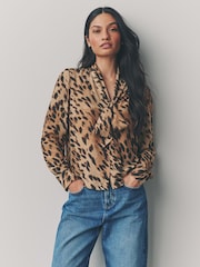 Leopard Print Tie Neck Drape Blouse - Image 1 of 4