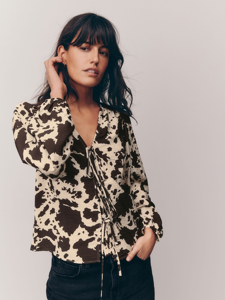 Cow Print Tie Front Long Sleeve Blouse - Image 4 of 7