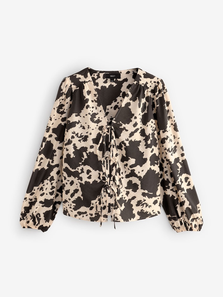 Cow Print Tie Front Long Sleeve Blouse - Image 5 of 7