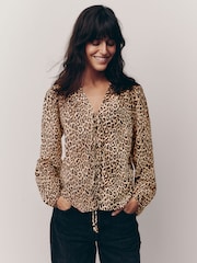 Leopard Tie Front Long Sleeve Blouse - Image 1 of 6