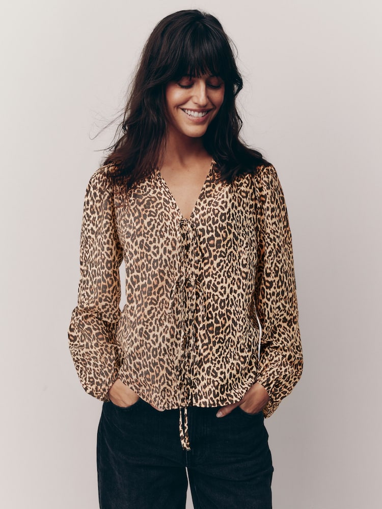 Leopard Tie Front Long Sleeve Blouse - Image 1 of 6