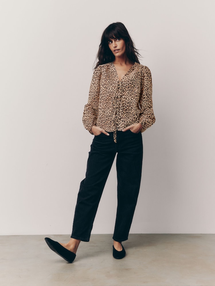 Leopard Tie Front Long Sleeve Blouse - Image 2 of 6