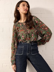 Morris & Co. Green Floral Lodden Print Sheer Tie Neck Long Sleeve Blouse - Image 1 of 8