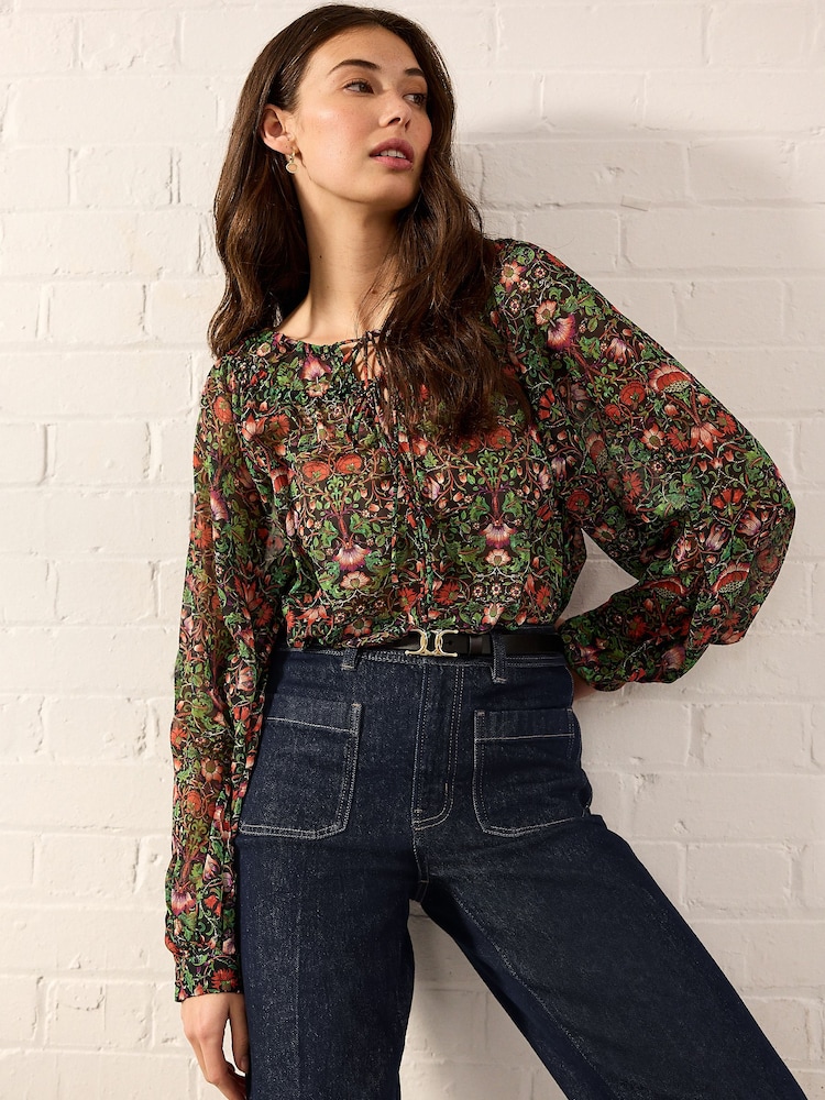Morris & Co. Green Floral Lodden Print Sheer Tie Neck Long Sleeve Blouse - Image 1 of 8