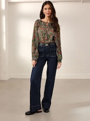 Morris & Co. Green Floral Lodden Print Sheer Tie Neck Long Sleeve Blouse - Image 2 of 8