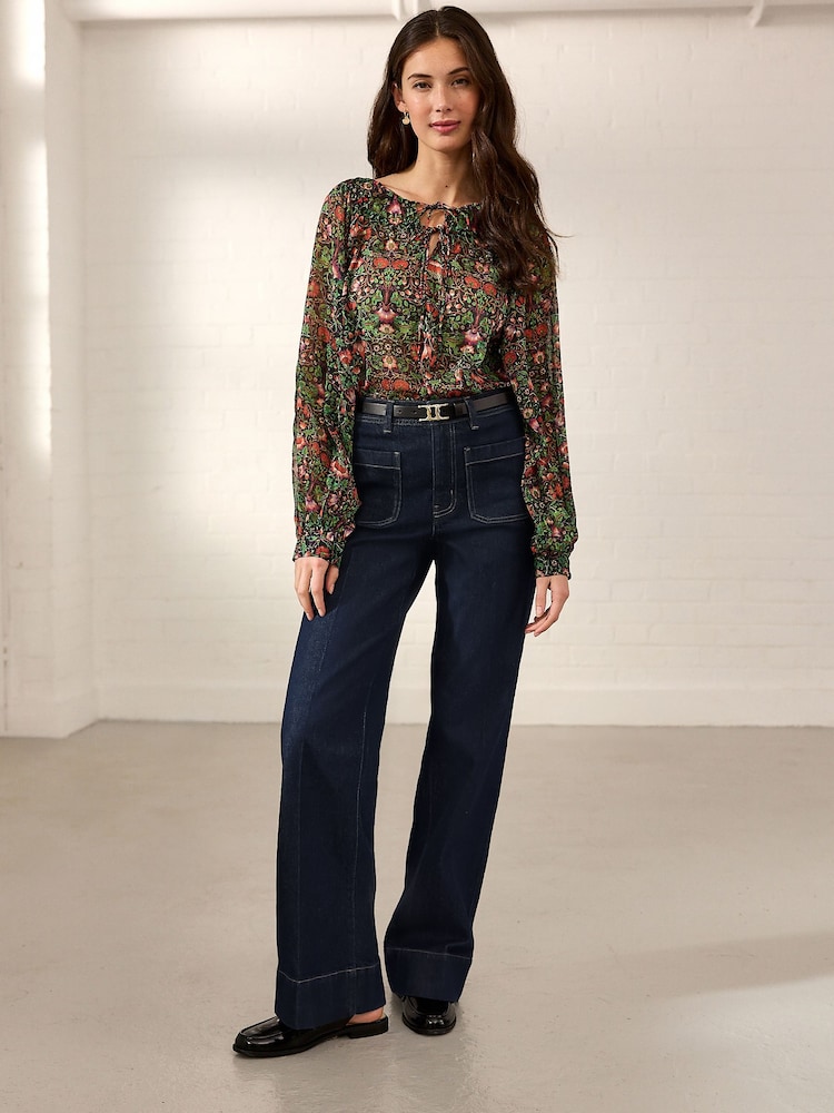 Morris & Co. Green Floral Lodden Print Sheer Tie Neck Long Sleeve Blouse - Image 2 of 8