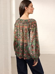 Morris & Co. Green Floral Lodden Print Sheer Tie Neck Long Sleeve Blouse - Image 3 of 8