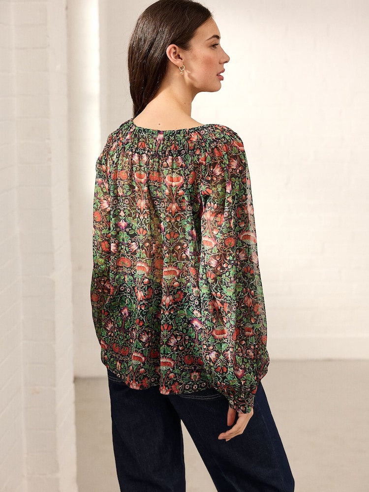 Morris & Co. Green Floral Lodden Print Sheer Tie Neck Long Sleeve Blouse - Image 3 of 8