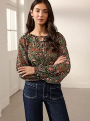 Morris & Co. Green Floral Lodden Print Sheer Tie Neck Long Sleeve Blouse - Image 4 of 8