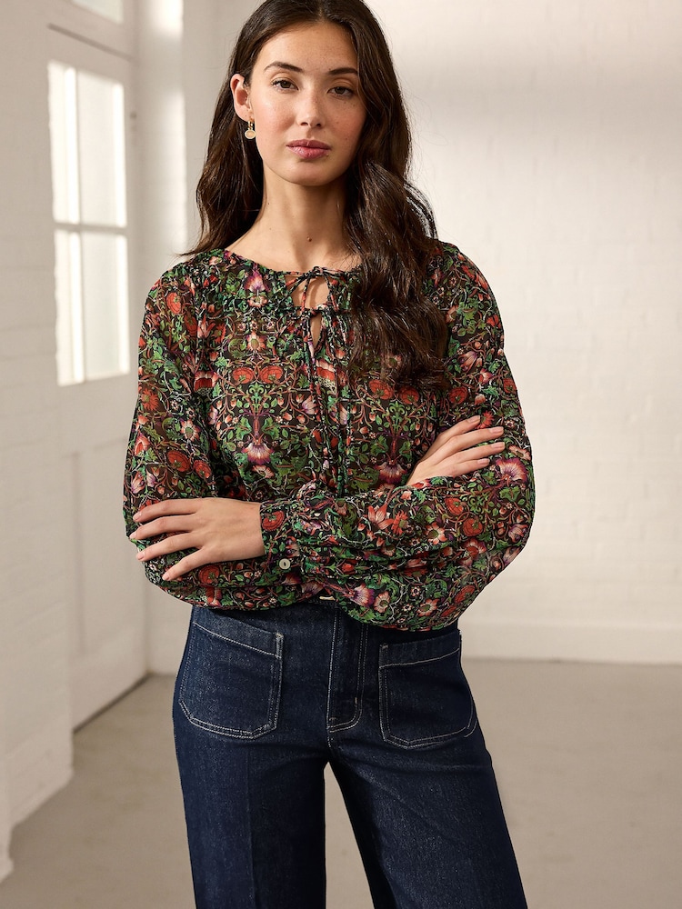 Morris & Co. Green Floral Lodden Print Sheer Tie Neck Long Sleeve Blouse - Image 4 of 8