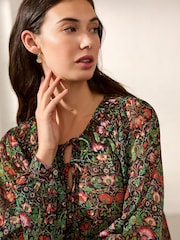 Morris & Co. Green Floral Lodden Print Sheer Tie Neck Long Sleeve Blouse - Image 5 of 8
