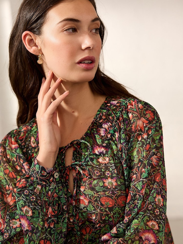 Morris & Co. Green Floral Lodden Print Sheer Tie Neck Long Sleeve Blouse - Image 5 of 8