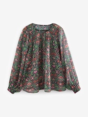 Morris & Co. Green Floral Lodden Print Sheer Tie Neck Long Sleeve Blouse - Image 6 of 8