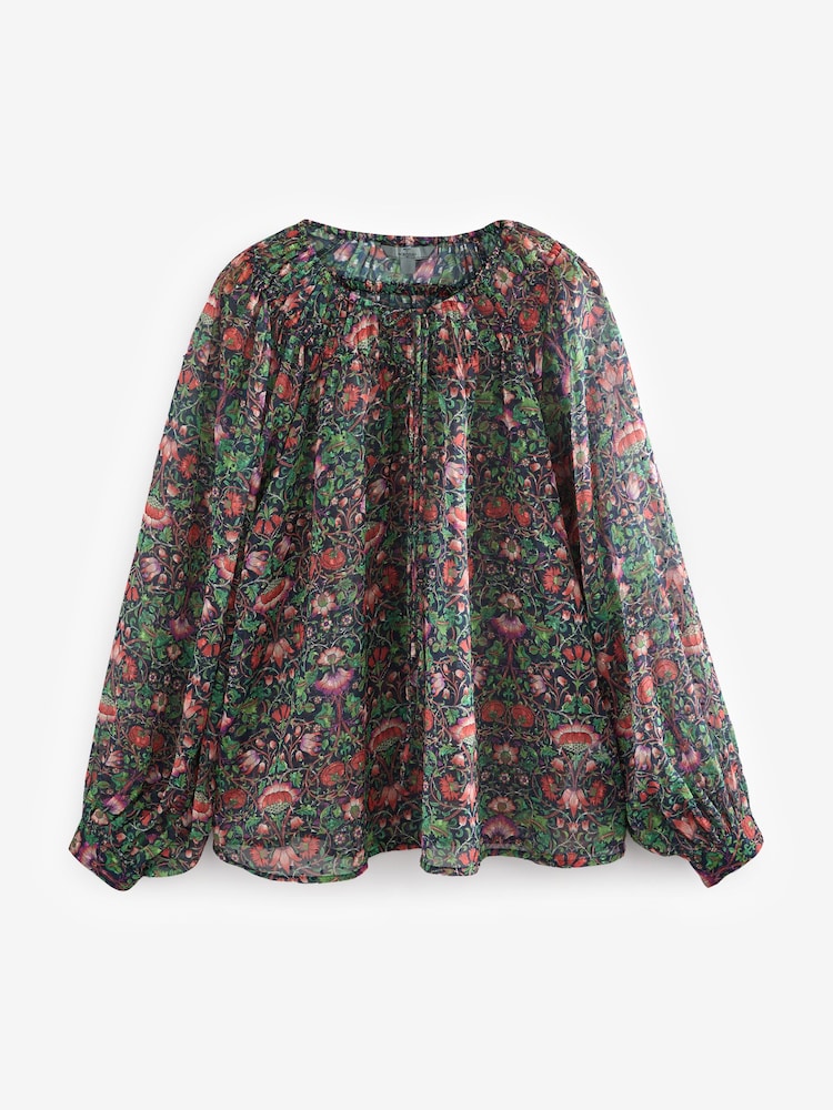 Morris & Co. Green Floral Lodden Print Sheer Tie Neck Long Sleeve Blouse - Image 6 of 8