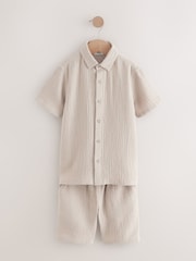 Taupe 100% Cotton Short Sleeves Textured Shirt and Short Set (3-16yrs) - Image 1 of 4