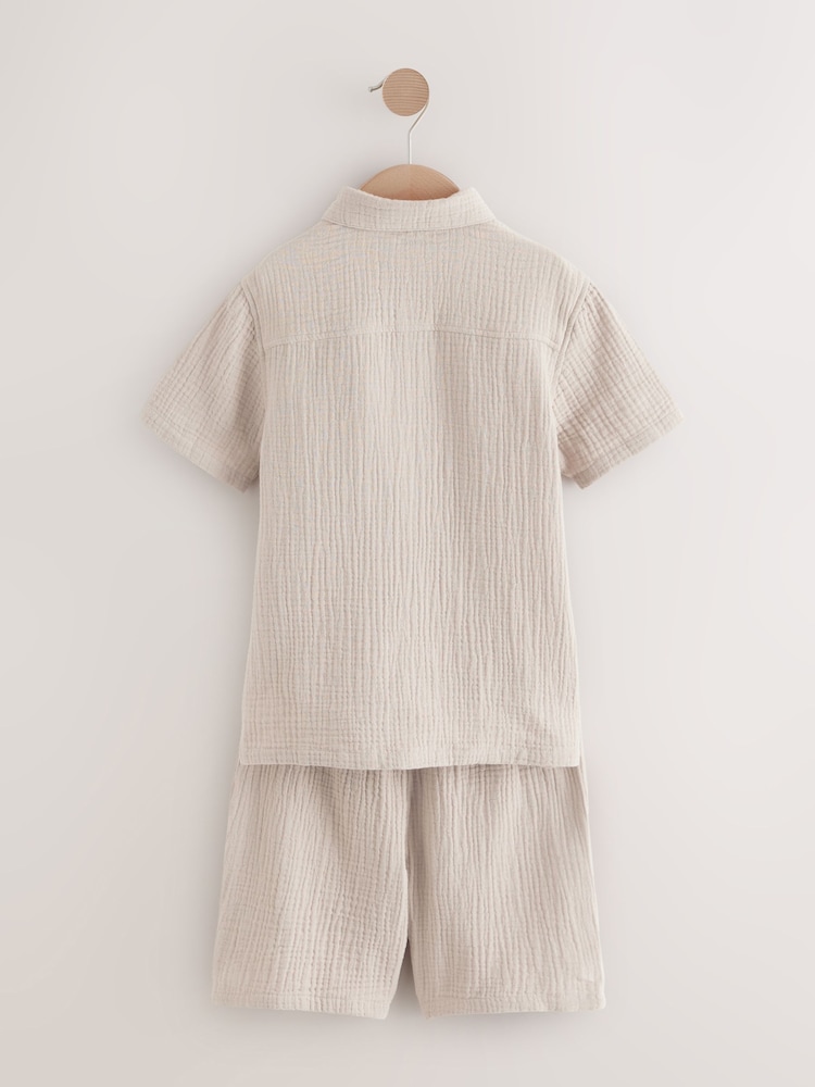 Taupe 100% Cotton Short Sleeves Textured Shirt and Short Set (3-16yrs) - Image 2 of 4
