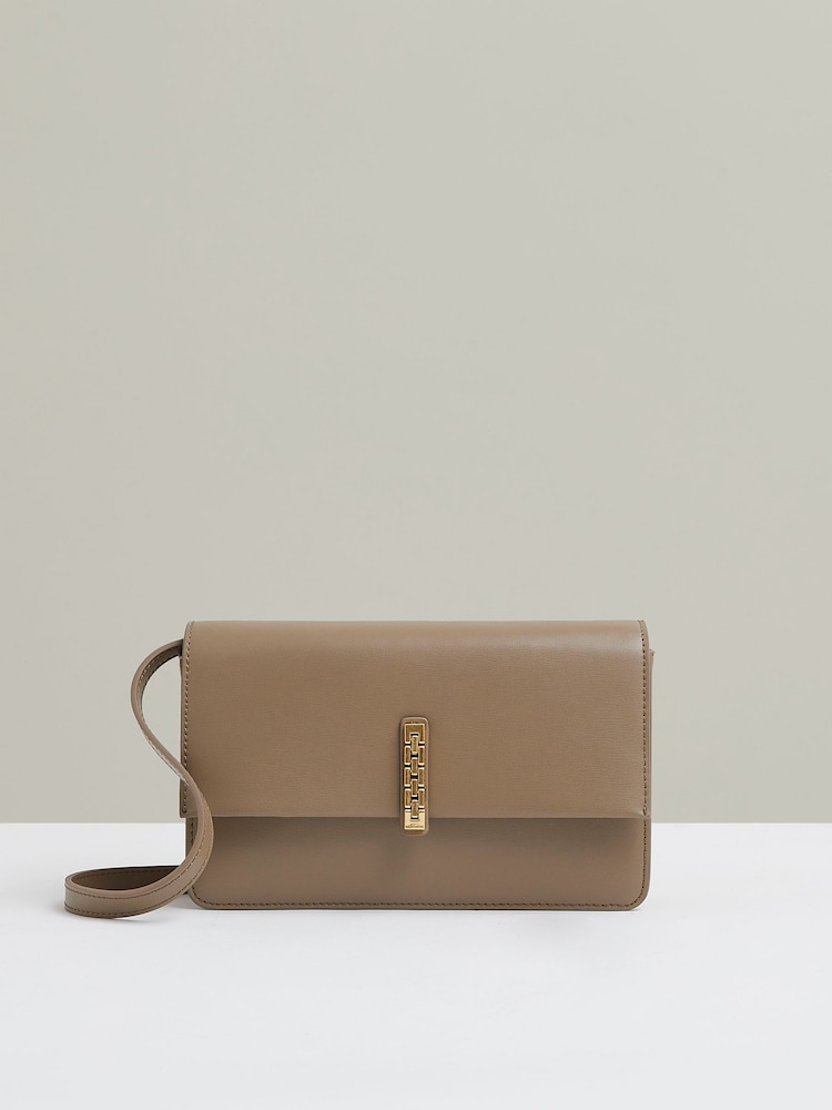 Reiss Taupe Sophia Leather Suede Chain Cross-Body Bag - Image 1 of 5 Reiss Taupe Sophia Leather Suede Chain Cross-Body Bag - Image 1 of 5