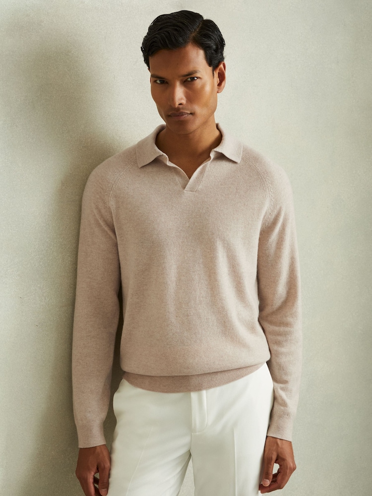 Reiss Oatmeal Grange Wool-Cashmere Open-Collar Polo Shirt - Image 1 of 5