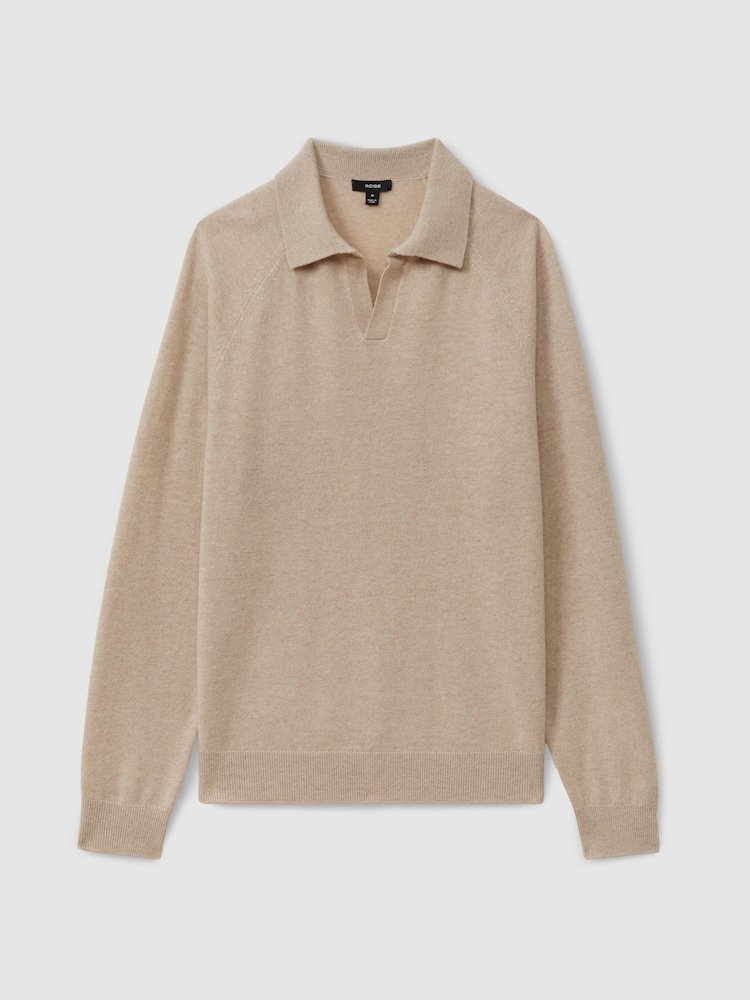 Reiss Oatmeal Grange Wool-Cashmere Open-Collar Polo Shirt - Image 2 of 5