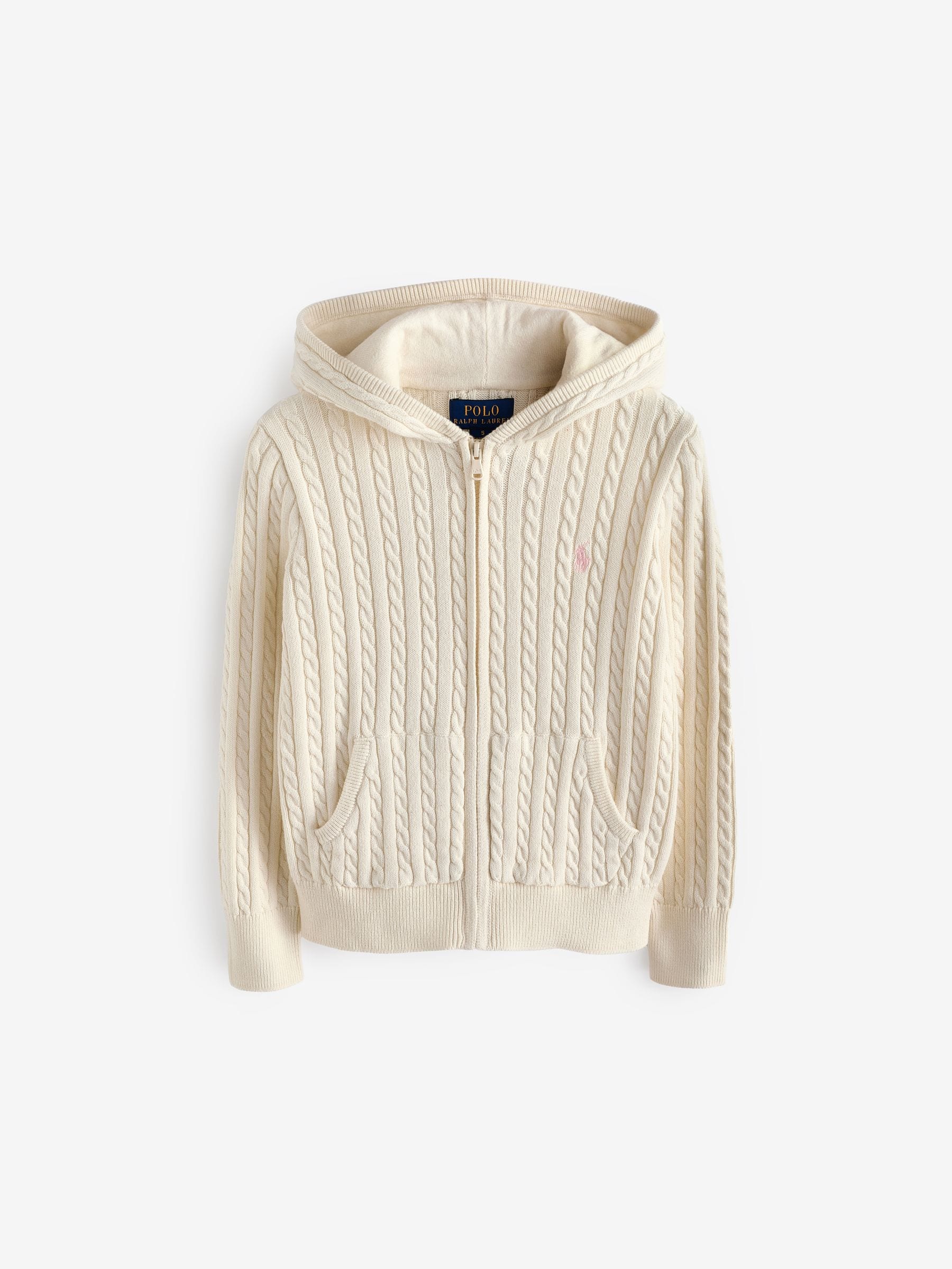 Polo Ralph Lauren Girls Cable Knit Zip 100 Cotton White Hoodie