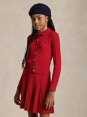 Polo Ralph Lauren Girls Red Cable Knit Cardugan and Pleated Skirt 100% Cotton Outfit Set - Image 1 of 6