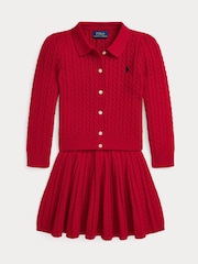 Polo Ralph Lauren Girls Red Cable Knit Cardugan and Pleated Skirt 100% Cotton Outfit Set - Image 5 of 6