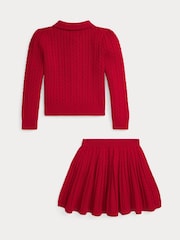 Polo Ralph Lauren Girls Red Cable Knit Cardugan and Pleated Skirt 100% Cotton Outfit Set - Image 6 of 6
