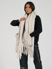 South Beach White Fluffy Pocket Scarf With Contrast Stitch - Image 1 of 4