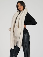 South Beach White Fluffy Pocket Scarf With Contrast Stitch - Image 3 of 4
